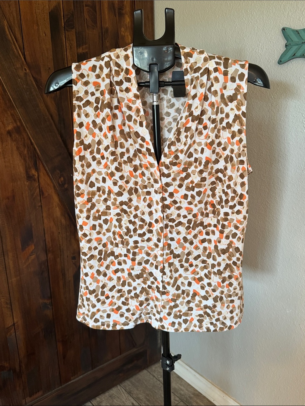 Calvin Klein White Sleeveless V-Neck Top with Brown & Orange Spot Print
